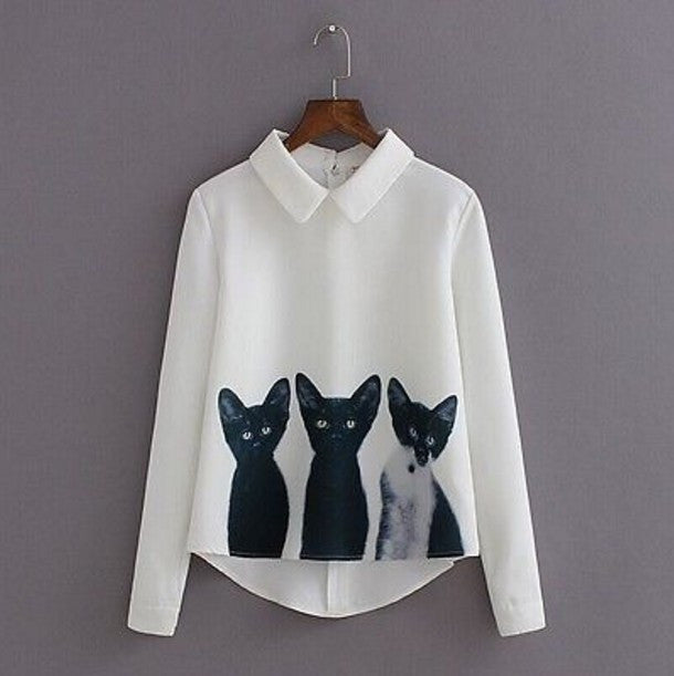 Chiffon Three Cats Tops Long Sleeve